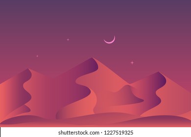 Sandy desert at night time landscape. Extreme journey, tourism concept with night stars and dunes. Vector illustration.