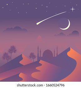 Sandy desert at night time landscape. Extreme journey, tourism concept with night stars and dunes. Vector illustration.
