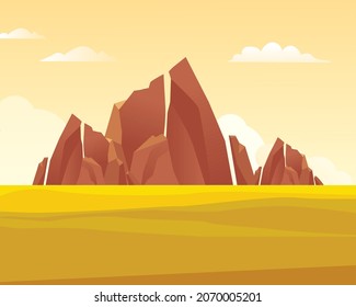 Sandy desert with rocks illustration. Yellow dunes with hot brown stones hot skies with running clouds natural landscape of Arizona arid desert without oasis. Vector cartoon panorama.