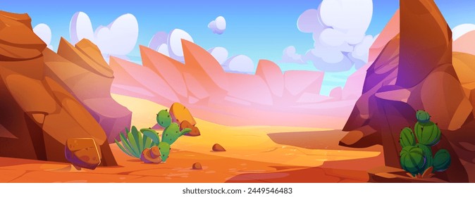 Sandy desert in rocky canyon valley. Vector cartoon illustration of dry land with cracks and big stones, green cactus plants in shadow, sunny blue sky with fluffy clouds, adventure game background