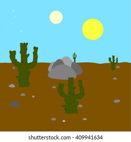 sandy desert. Rocky terrain where the cacti grow. Two sun mirages. Oasis - vector illustration