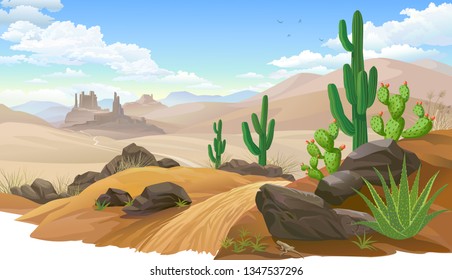 Sandy desert, Saguaro cactus vegetation. Mountain like sand dunes. 