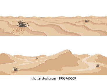 Sandy Wüste Reihe von Illustrationen einzeln. Landschaftsbild, horizontaler Hintergrund. Vektorgrafik.