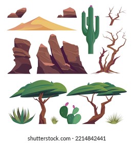 Sandy desert set of isolated icons with low trees and bushes dry stems rocks and cacti vector illustration