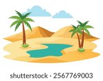 Sandy Desert with Small Lake Under Palm Trees - Vector Illustration