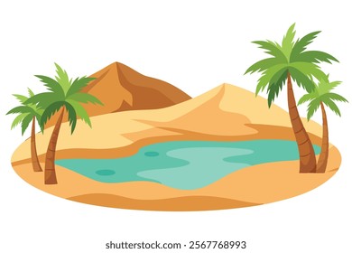 Sandy Desert with Small Lake Under Palm Trees - Vector Illustration