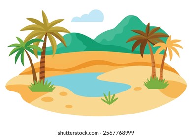 Sandy Desert with Small Lake Under Palm Trees - Vector Illustration