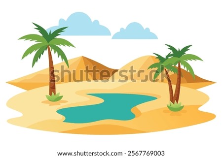 Sandy Desert with Small Lake Under Palm Trees - Vector Illustration