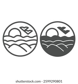 Sandy desert sunset bubble line and solid icon, arabian desert concept. Vector graphics. Desert landscape with sun and mountains sign on white background, outline style icon for mobile or web design