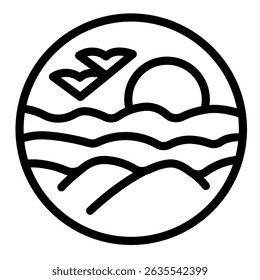 Sandy desert sunset bubble line icon, arabian desert concept. Vector graphics. Desert landscape with sun and mountains sign on white background, style mobile or design