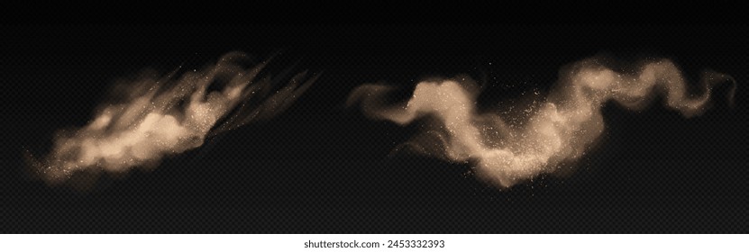 Sandy dust clouds set isolated on transparent background. Vector realistic illustration of desert sandstorm effect, dirty smoke explosion with mud particles, brown smog haze, dry soil splatter