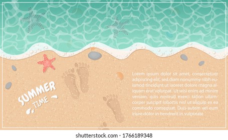 Sandy Footprint In The Sand. Beach, Sea, Wave Background, Template. Summer Time Concept. Cute Vector Illustration In Flat Style