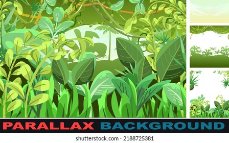 Sandy glade. Set parallax effect. Jungle background. Plants rainforest. Beautiful green landscape with exotic trees and palms. Cute cartoon style. Vector.