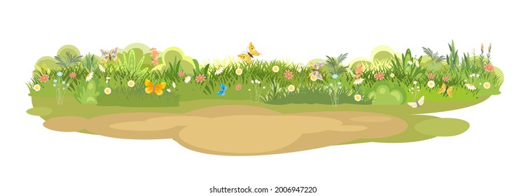 Sandy Glade. Summer meadow. Green succulent grass close up. Grassland. Place on the field. Place for a tent. Cartoon style. Flat design. Isolated. Illustration vector art