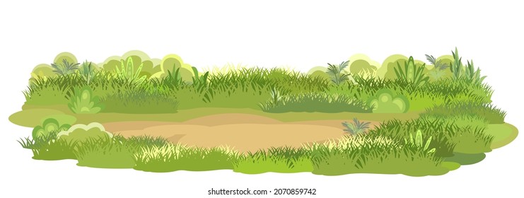 Sandy Glade. La pradera de verano. La hierba verde suculenta se acerca. Pastizales. Colocar en el campo. Coloca una carpa. Estilo de caricatura. Diseño plano. Aislado. Arte vectorial de ilustración