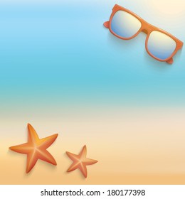 Sandy Hot beach with starfish and sunglasses. Summer background. Vector Illustration. 