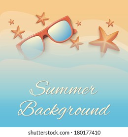 Sandy Hot beach with starfish and sunglasses. Summer background. Vector Illustration. All inclusive vacations, summer vacation.
