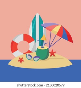 Sandy island with beach amenities. vector illustration