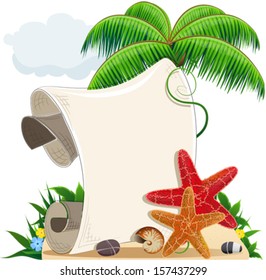 Sandy island with palm trees, starfishes and blank scroll for text 