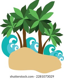 Sandy island with palm trees and waves. Logo, vector, flat style