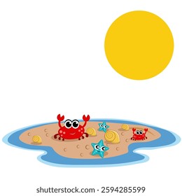 Sandy island in the sea with yellow shells, green bucket with red shovel, red crab, blue starfish and sun. On white background. Illustration.