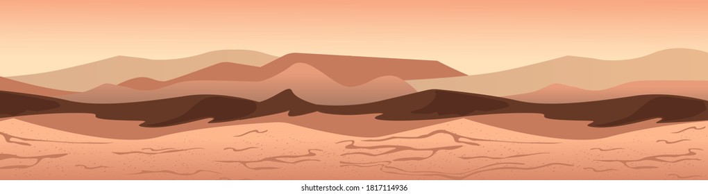 Sandy landscape of Mars. Futuristic yellow Martian desert gray orange sand dunes with rock interplanetary travel colonization uninhabitable surface with mandatory vector terrorism deep soil craters.