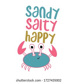 Sandy salty happy - T-Shirts, Hoodie, Tank. Vector illustration text for children clothes. Inspirational quote card, invitation, banner. Kids calligraphy background. Summer feeeling.