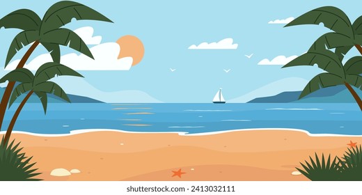 Sandy sea beach with palm trees and yacht in distance. Tropical resort. Marine landscape. Seashore sand. Summer seascape. Sky sun and clouds. Ocean horizon. Water waves. Vector concept