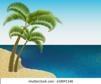 Sandy sea shore. Two palm trees. Exotic travel. Ripples on the sea. Landscape. Vector illustration