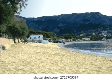 Una costa arenosa, océano, montañas cubiertas de bosques mixtos de coníferas, arcilla y acantilados. La Riviera Francesa, aguas cristalinas y el Océano Atlántico, una ciudad turística. Un paisaje de pesca, un lugar para un pescador. Un viaje a un pueblo costero en Italia. Pueblo de montaña. Viajes. Vacaciones de verano en el mar, resort. Paquete de viaje. Para vacacionistas. Cartelera de agencia de viajes. Vacaciones junto al mar, relajación, tomar el sol. Montañas Rocosas. Geografía. Europa. Pesca. Entretenimiento para niños del jardín de infantes y la escuela en arena limpia y tiza de mar Castillos de arena hechos de palas de arena para cavar arena para niños