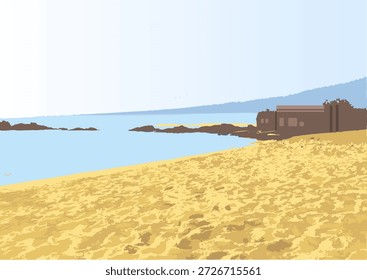 Una costa arenosa, océano, montañas cubiertas de bosques mixtos de coníferas, arcilla y acantilados. La Riviera Francesa, aguas cristalinas y el Océano Atlántico, una ciudad turística. Un paisaje de pesca, un lugar para un pescador. Un viaje a un pueblo costero en Italia. Pueblo de montaña. Viajes. Vacaciones de verano en el mar, resort. Paquete de viaje. Para vacacionistas. Cartelera de agencia de viajes. Vacaciones junto al mar, relajación, tomar el sol. Montañas Rocosas. Geografía. Europa. Pesca. Entretenimiento para niños del jardín de infantes y la escuela en arena limpia y tiza de mar Castillos de arena hechos de palas de arena para cavar arena para niños