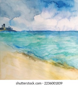 Sandstrand, Vektorgrafik handgezeichnet. Schöne Sommerlandschaft. Buchgrafik, Hintergrunddesign, Deckenkunst, Foto-Bildschirmhintergrund.