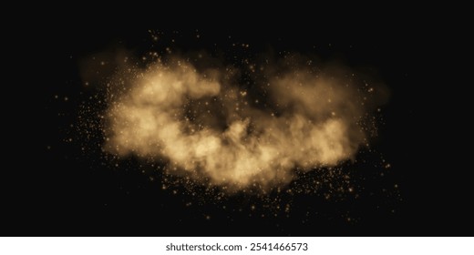 Sandy smoke clouds with dust and fine particles.  Dune, sand storm, powder clusters. Realistic vector illustration of desert storm - flying saw dust with small particles of dirt under the influence of