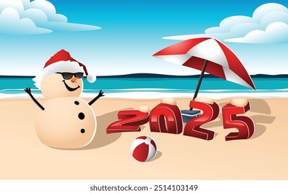 Sandy Snowman usando um chapéu de Papai Noel e óculos de sol, de pé em uma praia ao lado de números vermelhos de "2025". Um guarda-chuva de praia e uma bola também estão em cena, com o oceano e o céu azul ao fundo.