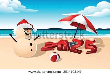 Sandy Snowman wearing a Santa hat and sunglasses, standing on a beach next to red 