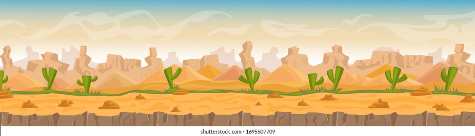 Sandy and stony hot desert landscape cartoon vector illustration background, banner. Panorama Wild waterless nature in orange colors. Green cactuses, stones, sand dunes and high mountains game style