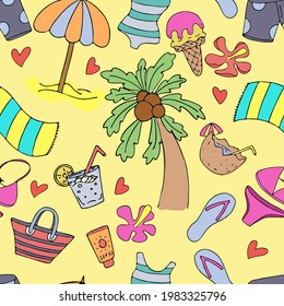 sandy summer beach, palyama, drinks, sunbathing, set of green tropical green leaves, vector seamless pattern of doodle elements