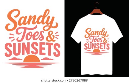 Sandy toes and sunsets vector illustration with ocean and sun design on a t-shirt.