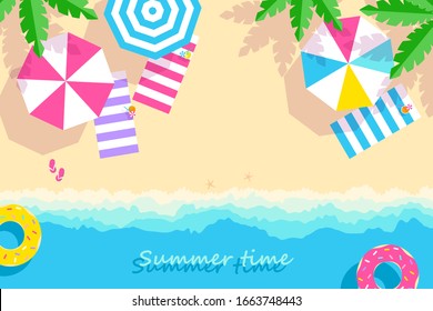 sandy tropical beach with palm trees.  Horizontal banner in cartoon style. Inscription Summer time, place for your text. Vector illustration 