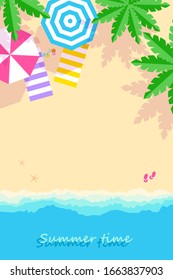 sandy tropical beach with palm trees.  Vertical banner in cartoon style. Inscription Summer time, place for your text. Vector illustration 