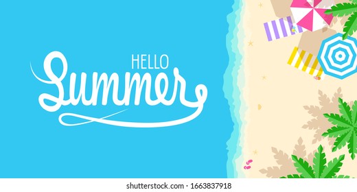 sandy tropical beach with palm trees.  Horizontal banner in cartoon style. Inscription Summer time, place for your text. Vector illustration 