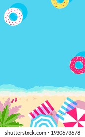 sandy tropical beach with palm trees.  Vertical banner in cartoon style. Place for your text. Vector illustration 
