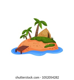 Sandy tropical island with palm tree and straw bungalow vector Illustration on a white background