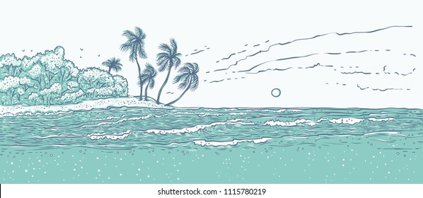 Sandy tropical island with palm trees, sea waves surf. Landscape beach in ocean for summer holiday and tourism. Monochrome vector illustration background for design cards or banner.