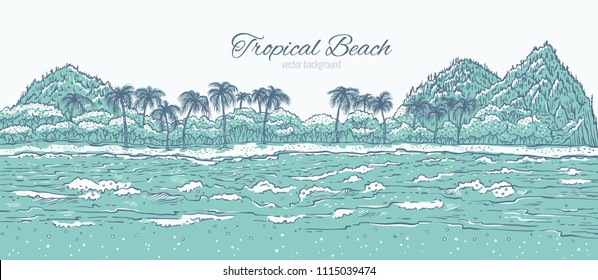 Sandy tropical island with sea waves surf and palm trees. Landscape beach in ocean for summer holiday and tourism. Monochrome vector illustration background for design cards or banner.