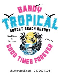 Sandy tropical summer birds and palms times summer loving  beach typographic tshirt design