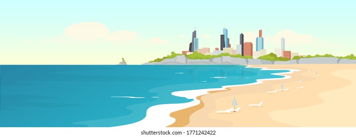 Sandy urban beach flat color vector illustration. Sea shore and modern buildings. Marine city view. Summertime recreation. Ocean coast 2D cartoon landscape with skyscrapers on background