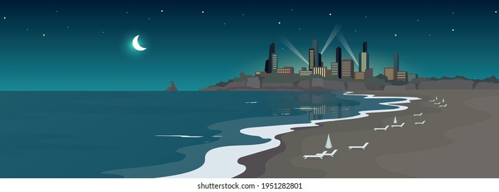 Sandy urban beach at night flat color vector illustration. Sea shore and buildings at midnight. Resort town view. Summertime recreation. Ocean coast 2D cartoon landscape with skyscrapers on background