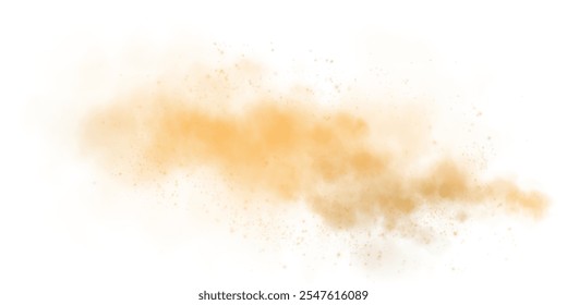 Sandy-smoke clouds with dust and fine particles. PNG Dune, sand storm, clusters of powder. Realistic vector illustration of desert storm - flying saw dust with small dirt particles under the influence