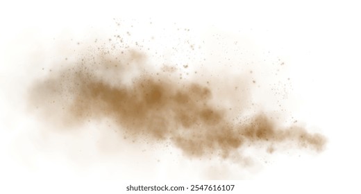 Nuvens de fumaça arenosa com poeira e partículas finas. Duna PNG, tempestade de areia, aglomerados de pó. Ilustração de vetor realista de tempestade de deserto - voando serra poeira com pequenas partículas de sujeira sob a influência